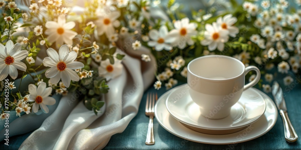 Poster cup of coffee and flowers, table setting