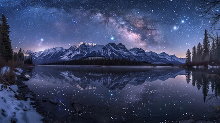 Witness a moment of sublime beauty as the Bow River mirrors the rugged silhouette of the Rocky Mountains under a blanket of stars. 32K. - obrazy, fototapety, plakaty