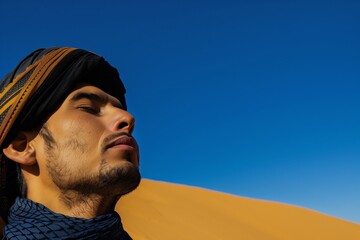 arabian man with closed eyes on a dune under the clear blue sky - Powered by Adobe