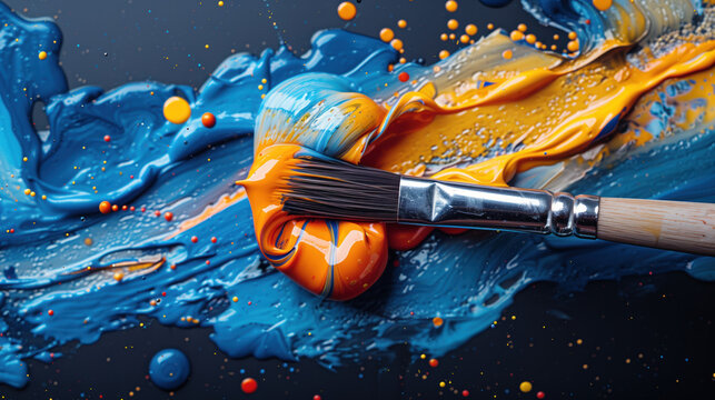 A brush that swipes over thick blue paint with added orange accents, creating dynamic splashes and jets