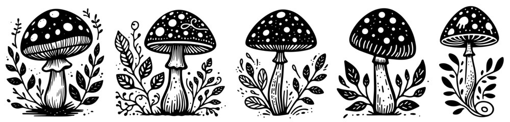 forest mushrooms vector illustration silhouette laser cutting engraving black and white shape - obrazy, fototapety, plakaty