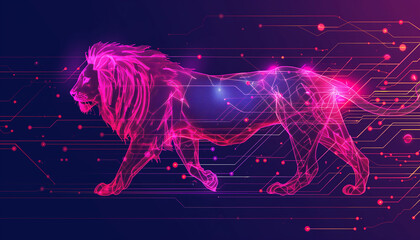 Futuristic Neon Wireframe Lion in Digital Abstract Art
