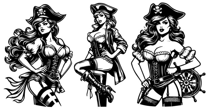 pirate pin-up girl vector illustration silhouette laser cutting engraving black and white shape