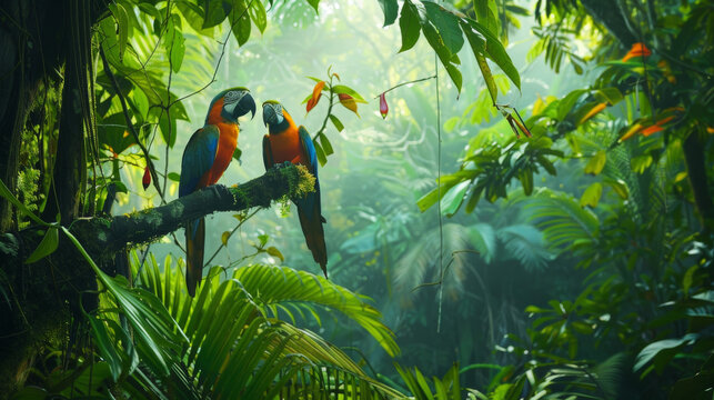 blue-yellow macaw parrot Many on the branch A colorful portrait of the Amazon against a lush jungle backdrop. Side view of a wild Ara parrot's head against a lush green background. Ai origin