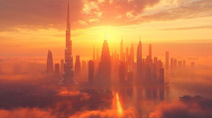 Dubai city 3d concept background. amazing city center skyline with luxury skyscrapers at sunrise, United Arab Emirates. 