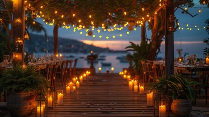 Wedding table setting. hall decoration with a lot of string lights and candles. festive table decor on the terrace - obrazy, fototapety, plakaty
