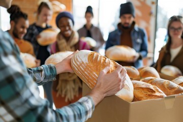 young adult passing bread loaves to a queue in a food drive - obrazy, fototapety, plakaty