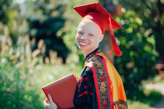 smiling albino African American young woman student with red hair wearing red graduation cap and gown with traditional ornament diploma outside . education and studying concept teen girl with albinism
