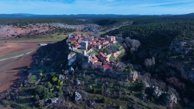 Aerial view from a drone of the medieval town of Calata&ntilde;azor. Municipality of Calata&ntilde;azor. Tierras del Burgo region. Province of Soria. Castile and Leon. Spain. Europe