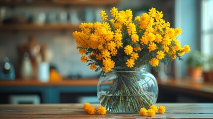 mimosa tree with yellow flowers in vase on table in the kitchen
