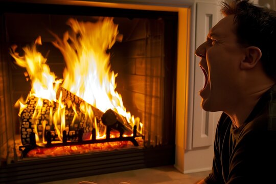 man yelling, fireplace backdraft with roaring flames