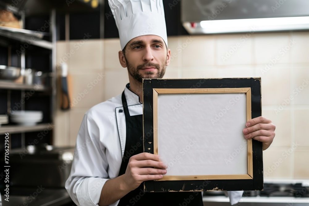 Wall mural a chef in a kitchen holding a blank menu board with space for text