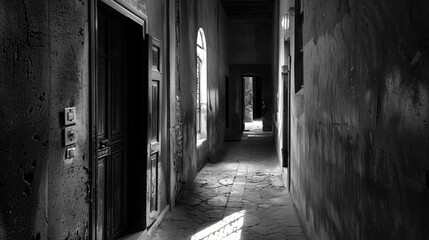 A narrow shadow-filled hallway in an old building with doors leading to unknown destinies.