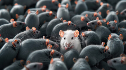 Rato branco se destaca na multidão entre ratos pretos  - obrazy, fototapety, plakaty