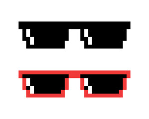 Vector Pixelated Sunglasses, Pixel Boss Glasses Icon Set in 8 bit Retro Style. Summer Meme Game 8-bit Sunglasses Design, Mafia Gangster Funky Sunglasses. Rap Music Design Element