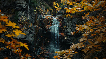A narrow waterfall streaming down a vertical rock face surrounded by autumn-colored foliage. - obrazy, fototapety, plakaty