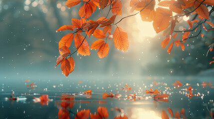 a branch with orange leaves against a background of softly lit water surface and fog