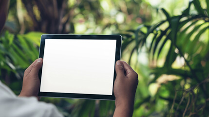 Fototapeta na wymiar pessoa segurando um tablet nas mãos na floresta - mockup