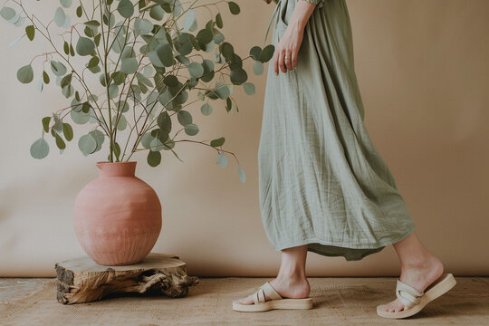 Lower half of a person in a green dress by a terracotta vase with eucalyptus branches. Minimalist and natural style concept for design and print.