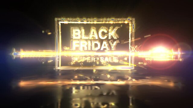 Abstract animation of  Black Friday Super sale glitch text effect animation with gold particles sci fi hitech effect background  Ending cover for intro, title banner