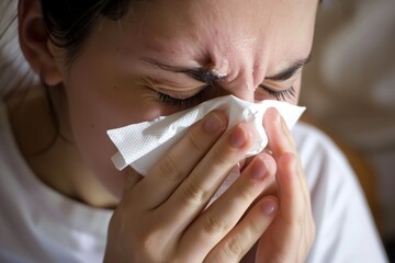 closeup of person tilting head back with tissue at nose