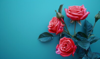 A vibrant contrast of bold red roses against a strong blue backdrop, creating a statement of...