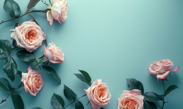 A flat lay of delicate pink roses with green leaves against a turquoise background, conveying a soft, romantic mood