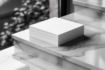 Elegant stack of blank white business cards on a polished marble counter providing a perfect template for designers