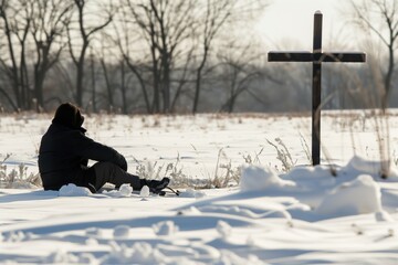 individual sitting on snowy ground by cross in winter - Powered by Adobe