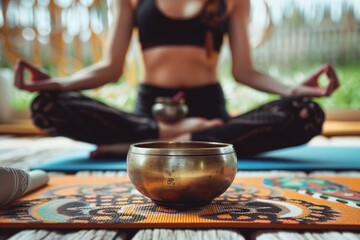 young adult on a yoga mat in lotus position with a singing bowl