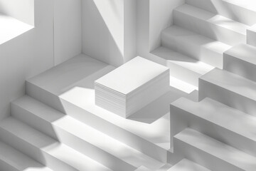 Striking abstract rendering of white stairs with light and shadows creating depth and intrigue