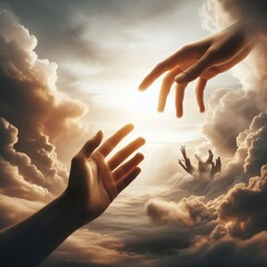 A larger than life hand reaches towards a human hand amidst a dramatic cloudscape, suggesting divine intervention or guidance. The artwork inspires awe and contemplation. - obrazy, fototapety, plakaty
