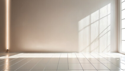 Large white room lit by the sun. Blurred background of large white wall, Bright, airy, shades and reflections, minimalism, tranquility and elegance. Spaciousness, purity.