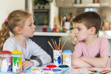kids with painting supplies, disagreeing about color choices