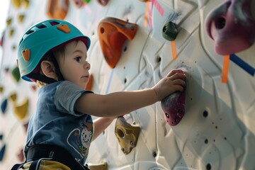 child wearing a helmet reaching for a hold on a kids climbing wall - obrazy, fototapety, plakaty