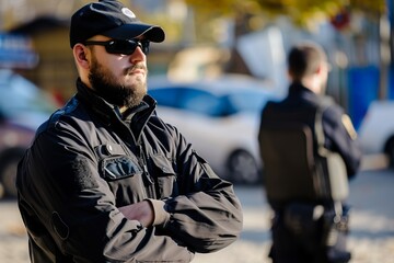 security personel standing by with crossed arms - obrazy, fototapety, plakaty