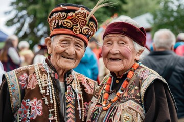 elderly pair in traditional outfits at a cultural festival