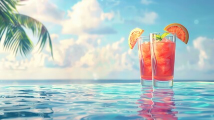 tropical summer drinks beside the swimming pool and sea background, Cocktails on a cruise ship in the summer, Cocktails by the Sea Summer Beach Mood

 - obrazy, fototapety, plakaty