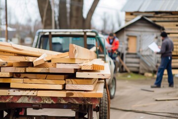 cart with lumber planks, man checking list in background
