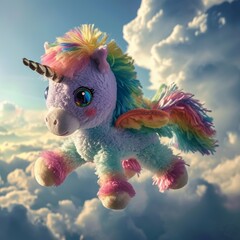 Multicolored cute plush unicorn toy flying in the sky among the clouds, pastel colors, cheerful mood.