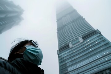 person wearing a mask looking up at a skyscraper shrouded in smog