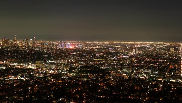 Los Angeles Downtown Night Cityscape from Griffith Park Time Lapse Tilt Up California USA
