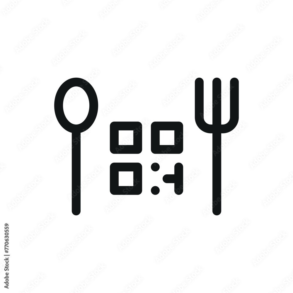 Poster qr menu isometric icon, spoon and fork with qr code vector symbol with editable stroke
