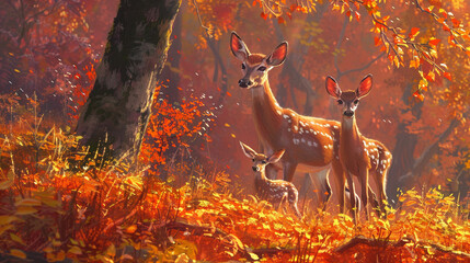 A family of deer cautiously exploring the colorful underbrush of the park, their graceful movements adding to the enchantment of the autumn landscape. 32K. - obrazy, fototapety, plakaty