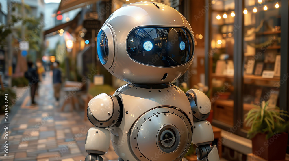 Poster Robot Standing on Sidewalk in Front of Store