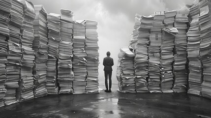 stacks of newspapers forming a huge pile, man standing near it - obrazy, fototapety, plakaty