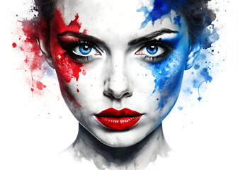 Isolated Eyes & Lips, Minimalistic White Background with Selective Coloring (Black, Blue & Red), Loose, Painterly Style. Inspired by Symbolist Paintings