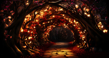 a lighted tree tunnel surrounded by trees