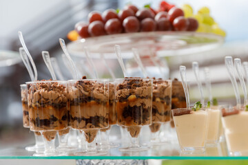 Close up of desserts on tray on table