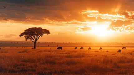 Fototapeta na wymiar A panoramic view of a vast savannah at sunset with silhouettes of acacia trees and grazing wildlife.